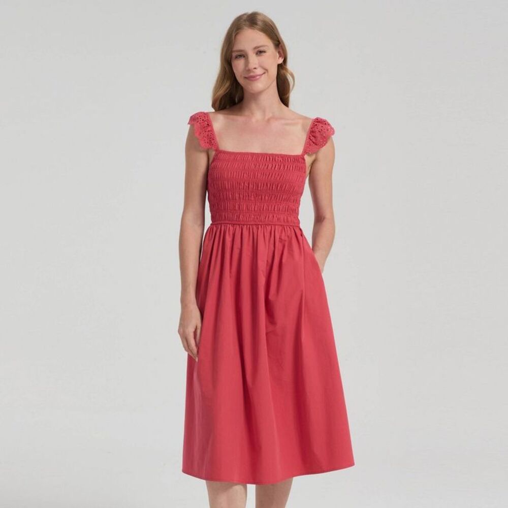 Women's Ruffle Sleeve Eyelet Midi Dress - Coral Red L: Cottagecore